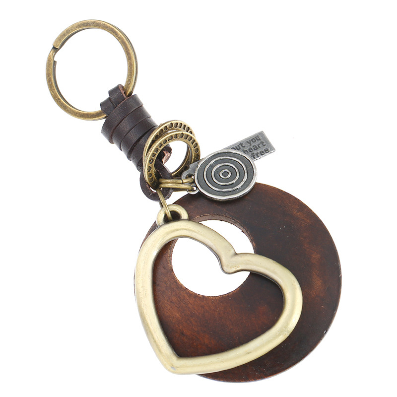 빈티지 레트로 금속 심장 사랑 열쇠 고리, 큰 둥근 나무 펜던트 홀더 가방 액세서리 자동차 열쇠 고리 열쇠 고리 패션 주얼리 선물